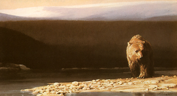 Oil painting of a bear roaming the landscape.