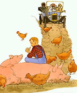 Watercolor painting of a boy talking to pigs.